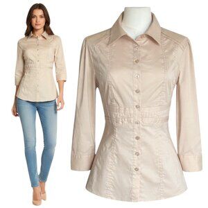 Bebe Button Down Shirt Beige Pleated Waist Fitted Blouse L
